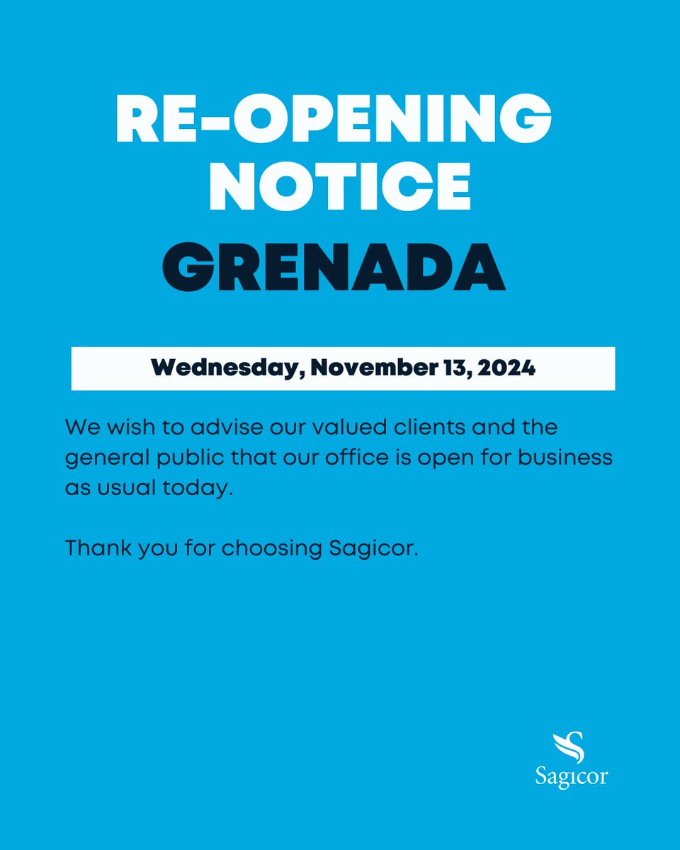 Re-Opening Notice Grenada -Wednesday, November 13, 2024

We wish to advise our valued clients and the general public that our office is open for business-as-usual today. Thank you for choosing Sagicor.

#ReopeningNotice
#Grenada