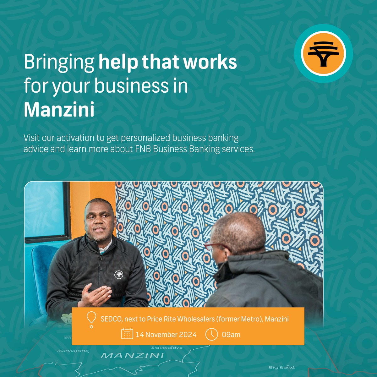 FNBEswatini's tweet photo. Join us at SEDCO in Manzini tomorrow. Swing by our activation stand for business banking advice that will fuel your business growth. We’re excited to help you step to the next level in your business journey. #HelpThatWorks #FNBBusinessBanking #ChangeToFNB https://t.co/E7LQwoOnP4