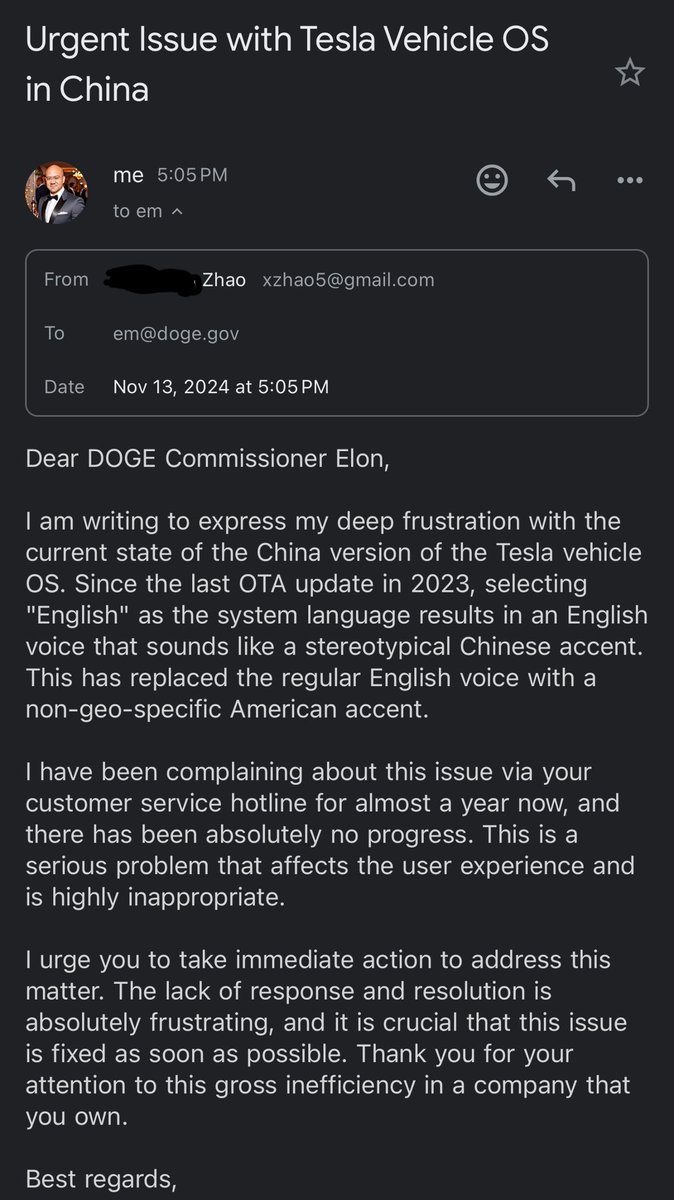 Supra_Legem's tweet photo. @elonmusk Commissioner Elon, could you take a look at Tesla’s China Team’s efficiency first please? 

No response, no update for a year for a simple yet terrible issue. It’s embarrassing. https://t.co/XlxPwq506a