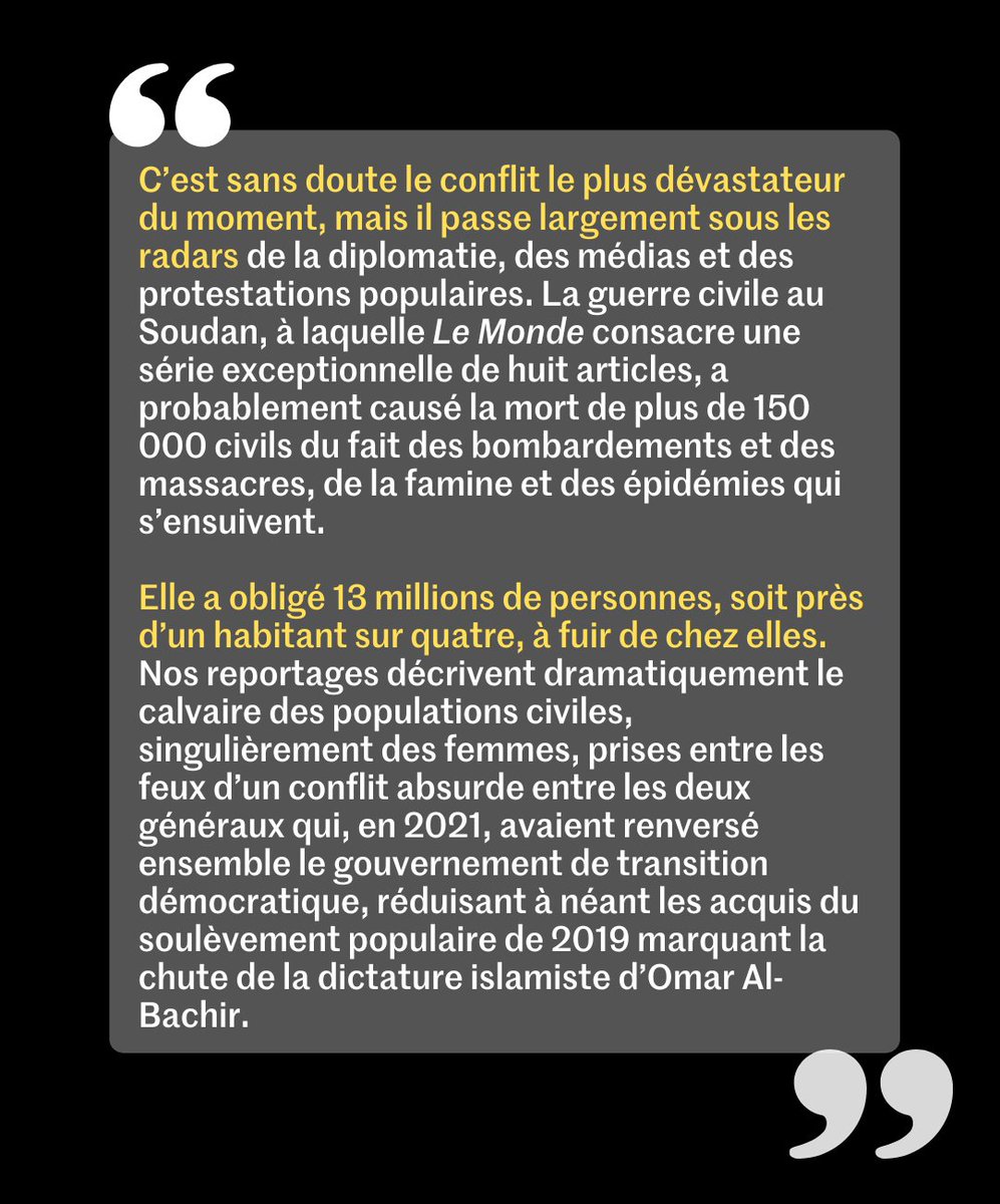 « Le Monde » consacre une série de reportages à la guerre civile dévastatrice au Soudan qui passe sous les radars diplomatiques et médiatiques alors qu’elle a fait plus de 150 000 morts et obligé 13 millions de personnes à fuir.👉 lemde.fr/3UP0iff