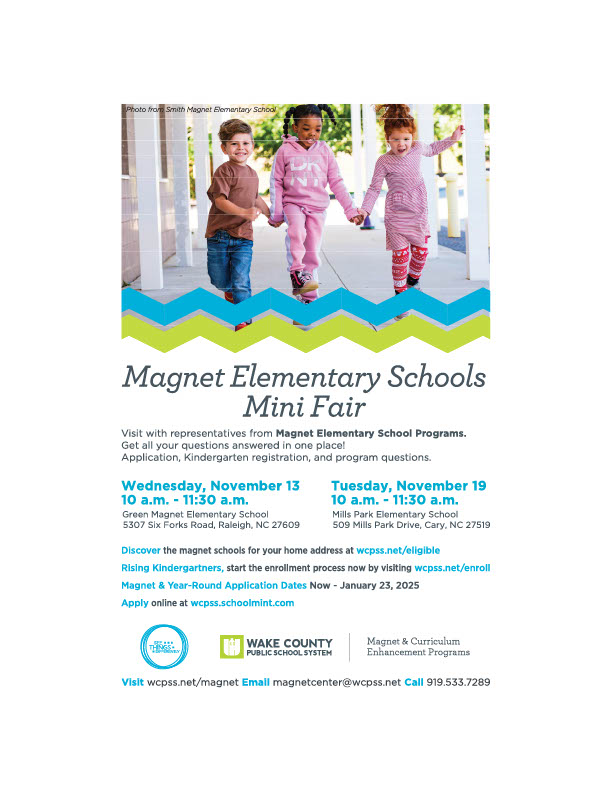 wcpssmagnets's tweet photo. Join us this morning, 10a - 11:30a for our first @WCPSS  #WCPSSMagnet Mini Fair @GreenESLeaders located near the intersection of Six Forks and Millbrook. Visit with staff and parents to explore all magnet programs in one location. https://t.co/8Sz4J3X2Do