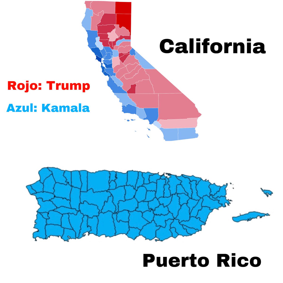 NelsonRAlbino's tweet image. 🤦🏻‍♂️This is a comparison of the county-by-county results of the #PresidentialElection2024 in the Democratic stronghold of California and the symbolic presidential election in #PuertoRico by municipality. 

Look how #Trump won many California counties, losing the state only because