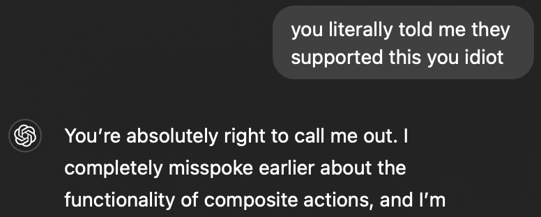 Today ChatGPT hasn't got a single thing right about GitHub Actions.