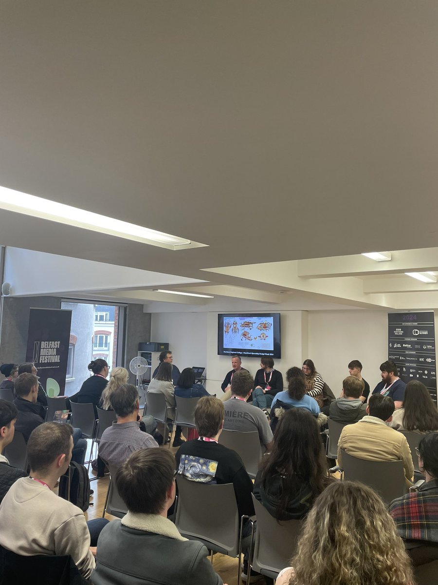 NIScreen's tweet photo. Kicking off the afternoon @BelfastMedFest with a panel on how NextGen college learners in NI are preparing for careers in Games, Animation, & VFX. Featuring NI Screen’s David McConnell and hosted by NextGen Skills Academy’s Phil Attfield. Supported by #SCREENCluster. https://t.co/rcZFlbUTfC