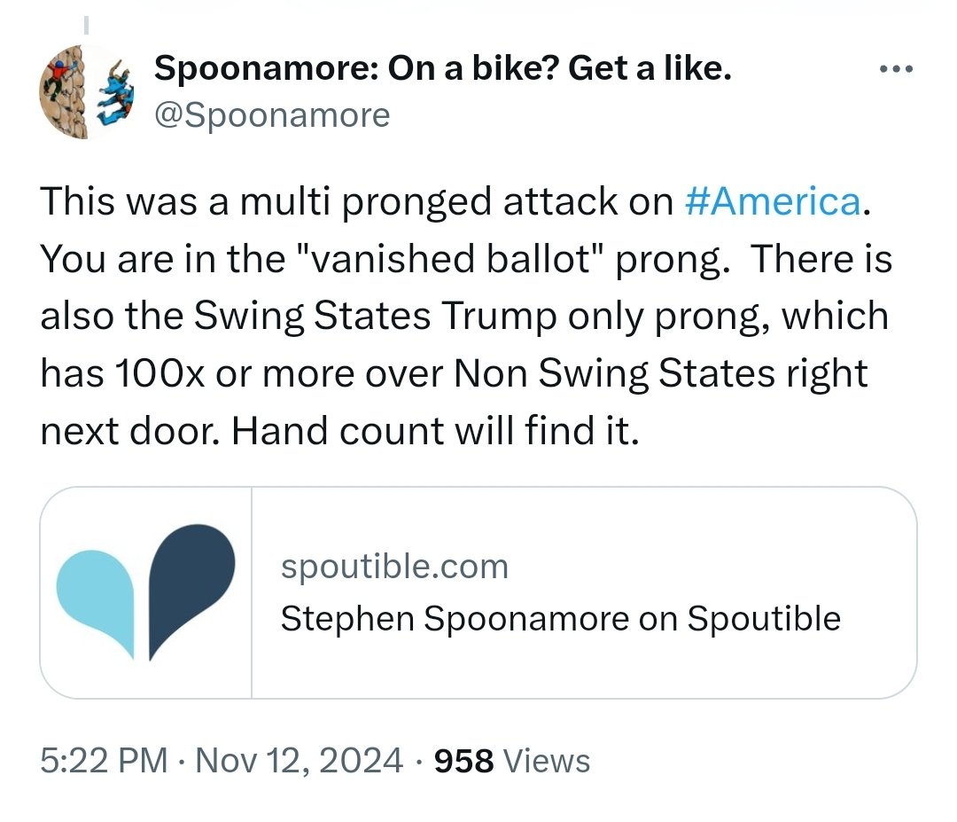 schachin's tweet photo. There's an issue with the vote that falls outside of the norm by like 10,000%. 

We need to get them to look into these results in swing States because they literally make no sense. I don't mean by gut feel they don't make sense they literally numerically make no sense. 

The math does not math. 

The bullet ballot as you would call an RCV the Trump only valid in Arizona was $130,000 people or 7% of his vote. 

That same ballot in Nevada was 5% of his vote. 

But in the non-swing states of Idaho, Oregon, Utah they all fell at the level of 0.0X%. 

That is the normal amount of Presidential only ballots. All of them under 4,000 and one state under a 1,000. 

The other weirdness is in all the swing States the Democrats won their ticket. 

Kamala got more votes than the Democrats on the down ballot who won. 

So the anomaly is not on the blue side because if she got more ballots than her down ballot she would have had split voters. 

And from everything we know going into the election that would be what would be in alignment with the vote.  

The thing not in alignment is Trump's bullet ballot numbers which are astronomical and swing States and yet are normal and non-swing States.

A security researcher (@Spoonamore)  has been looking into it himself and sent a "duty to warn" notification to the state of Pennsylvania and posted what's in the image below 👇 

Are we really going to watch ourselves get in the car and fly over the cliff a thousand feet down to our death without trying to stop it? It is obvious there's something wrong with this election. 

I call it the narcissist ballot. He's up in 90% of all counties in the United states. That he was down 3 million votes noting the only states that didn't move right this year are Washington with paper ballots and Utah who doesn't like Trump.

That seems kind of insane right? Democrats win all over the country. They flip six seats. However he's up in 90% of the counties in america? 

See the indication that there's something wrong is the numbers are so outside the norm as to be impossible without somebody tampering with it the data. 

The math is not math and there's other too many other voting regularities and issues for this not to be investigated.  

He's not officially the president-elect until the Electoral College cast their vote so we need people with the ability to get to other people in power to look at this to do so.