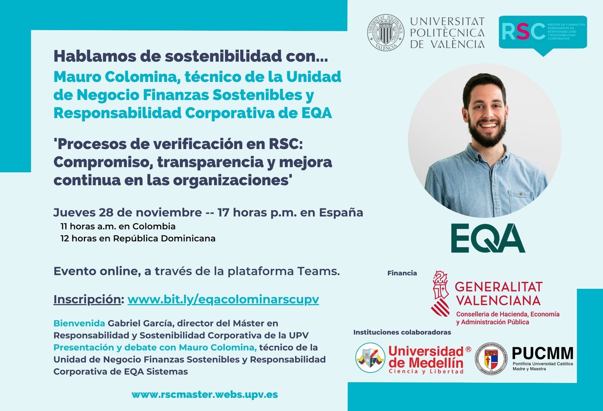 🔊Procesos de verificación en RSC: Compromiso, transparencia y mejora continua✔️El 28/11, 'Hablamos de sostenibilidad' con <a href="/MauroColomina/">Mauro Colomina</a> (<a href="/EQAGrupo/">EQA</a>)
✖Solo online ✖ A las 17h p.m., en España, 11h a.m., en Colombia y 12h, en República Dominicana 
Info y✍️rscmaster.webs.upv.es/28-11-hablamos…