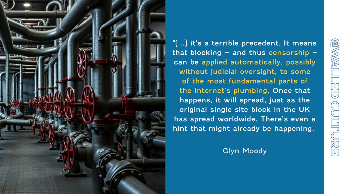 Walled Culture (@walledculture) on Twitter photo The #copyright industry's insatiable appetite sets another dangerous precedent for global Internet censorship: <a href="/glynmoody/">Glyn Moody</a> warns of Brazil's telecoms regulator Anatel's plans for automated blocking in core Internet routers.
#censorship #InternetBlocking
walledculture.org/now-the-copyri… The #copyright industry's insatiable appetite sets another dangerous precedent for global Internet censorship: <a href="/glynmoody/">Glyn Moody</a> warns of Brazil's telecoms regulator Anatel's plans for automated blocking in core Internet routers.
#censorship #InternetBlocking
walledculture.org/now-the-copyri…