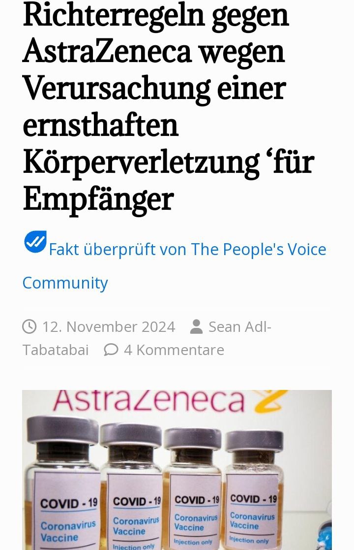 IsabaelMayor's tweet photo. ⚠️💉🇬🇧 💉⚠️
Juez condena a #AstraZeneca x “lesiones corporales graves”a receptores d #vacuna.Un tribunal ha declarado culpable al gigante farmacéutico AstraZeneca d causar “daños corporales graves”a los receptores  su vax experimental d ARNm contra la COVID-19
AUFSTIEG5DOFFICIELL https://t.co/tWgY4tVTNL