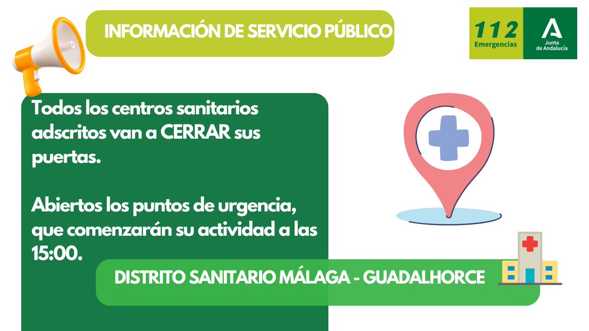 📢ÚLTIMA HORA | Todos los centros sanitarios adscritos al Distrito Sanitario Málaga Guadalhorce van a cerrar sus puertas. 
Abiertos los puntos de urgencia que comenzarán su actividad a las 15:00 horas.