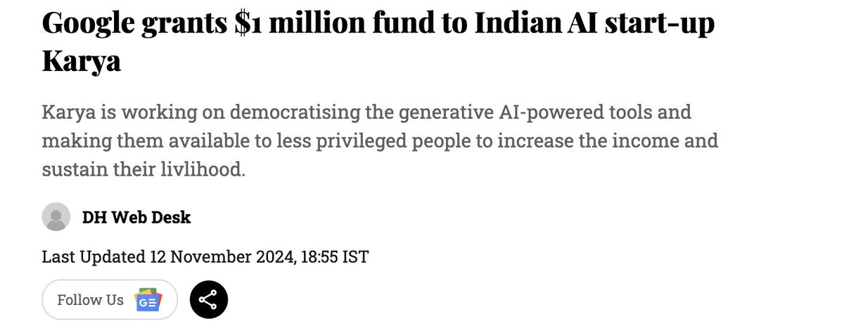 actgrants's tweet photo. We’re thrilled to see Karya, from the #ACTForEducation portfolio, secure a $1 million grant from https://t.co/YK5cWjPrET!
Karya is transforming lives by making #GenAI tools accessible to underserved communities, helping thousands increase their incomes through high-paying digital work. In just two years, they've empowered 50,000+ people in rural India, and with Google’s support, aim to reach over 100,000 globally.
Kudos @manuchopra42 and the Karya team for your inspiring work towards a more inclusive future that enables better #livelihoods for Bharat!
#CoFoundersOfSocialChange
https://t.co/Er5kp2dtLN