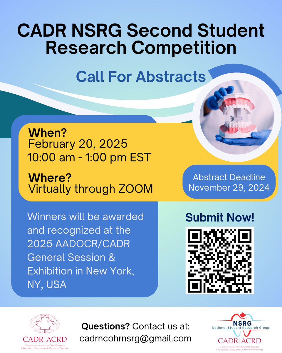 NSRG622385's tweet photo. Calling all Canadian dental researchers!
Submit your research for the CADR NSRG Second Student Research Competition!
📅Date: Feb 20, 2025 | 10 AM - 1 PM EST
📍Virtual Event
⏳Deadline: Nov 29, 2024
🏆 Win recognition at the 2025 AADOCR/CADR
Submit here: https://t.co/EvYyTy6UNG https://t.co/feJ6n4Z4ZT