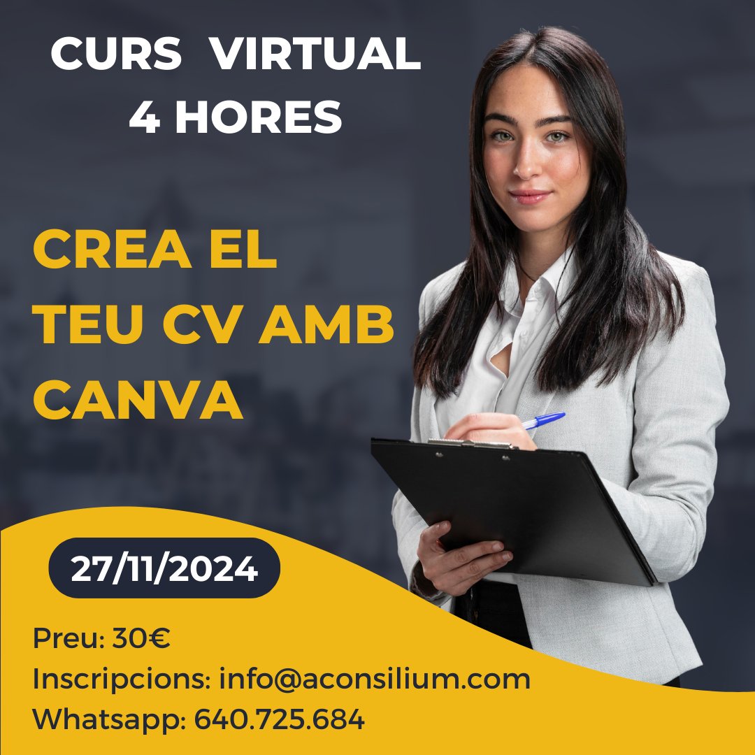 a_consilium's tweet photo. 🎯 Curs virtual: 'Crea el teu CV amb Canva'
En aquest taller aprendràs com funciona el programa CANVA de forma ràpida i senzilla, i els recursos que aporta amb l’objectiu de crear un currículum actual que et faci destacar. https://t.co/MdwvBnl9c6