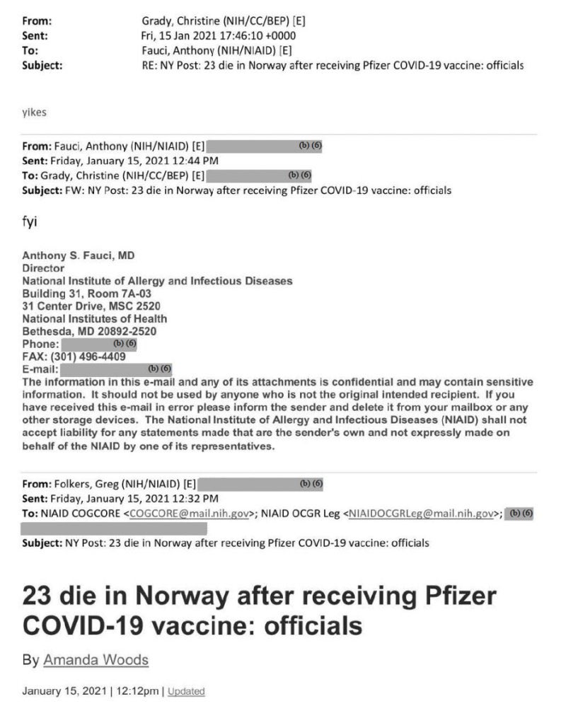 Check out this romantic email between a husband and wife - January 2021.

Christine Grady, Fauci’s wife, after getting forwarded from her husband that 23 people died in Norway after receiving the Pfizer vaccine: 

Yikes!

Prosecute/Fauci