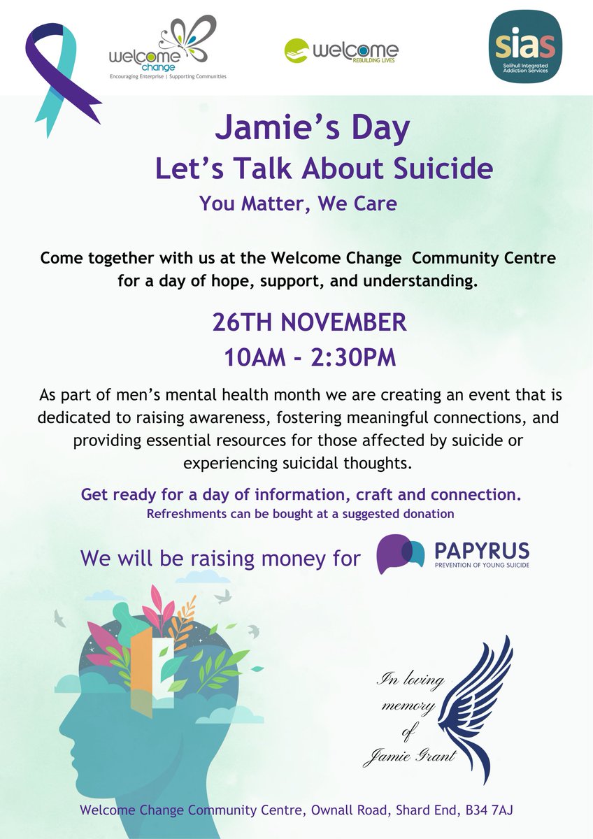 Join Us for Jamie's Day: A Day of Support, Craft, and Connection
This Men's Mental Health Month, we invite everyone impacted by suicide or struggling with suicidal thoughts to come together for a day of hope.
26th November
10:00 AM - 2:30 PM
The Welcome Change Community Centre