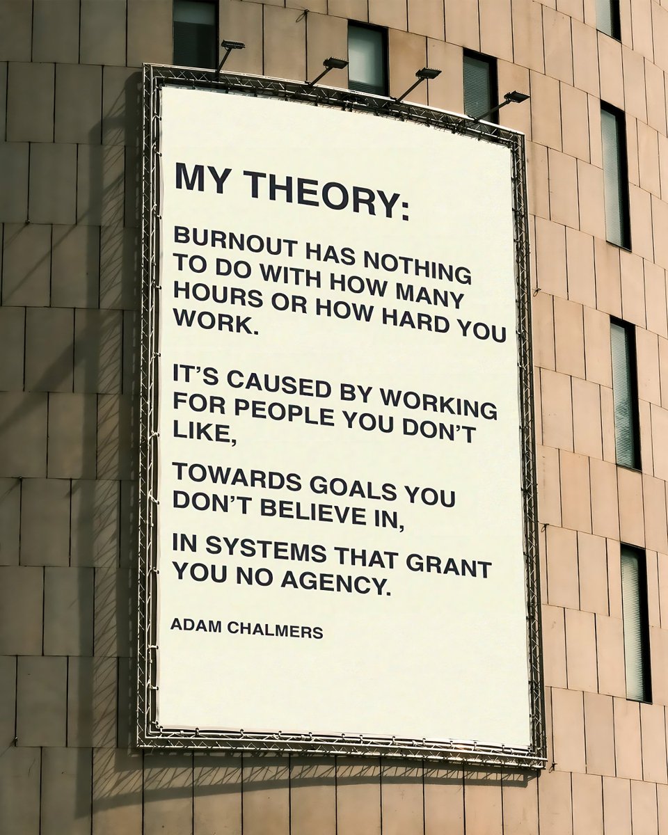 Ben Meer (@systemsunday) on Twitter photo This hits different in today’s hustle culture.
Burnout isn’t about working long hours or pushing hard.
It’s about working in systems that drain your soul.
Quote by <a href="/adam_chal/">Adam Chalmers</a> This hits different in today’s hustle culture.
Burnout isn’t about working long hours or pushing hard.
It’s about working in systems that drain your soul.
Quote by <a href="/adam_chal/">Adam Chalmers</a>