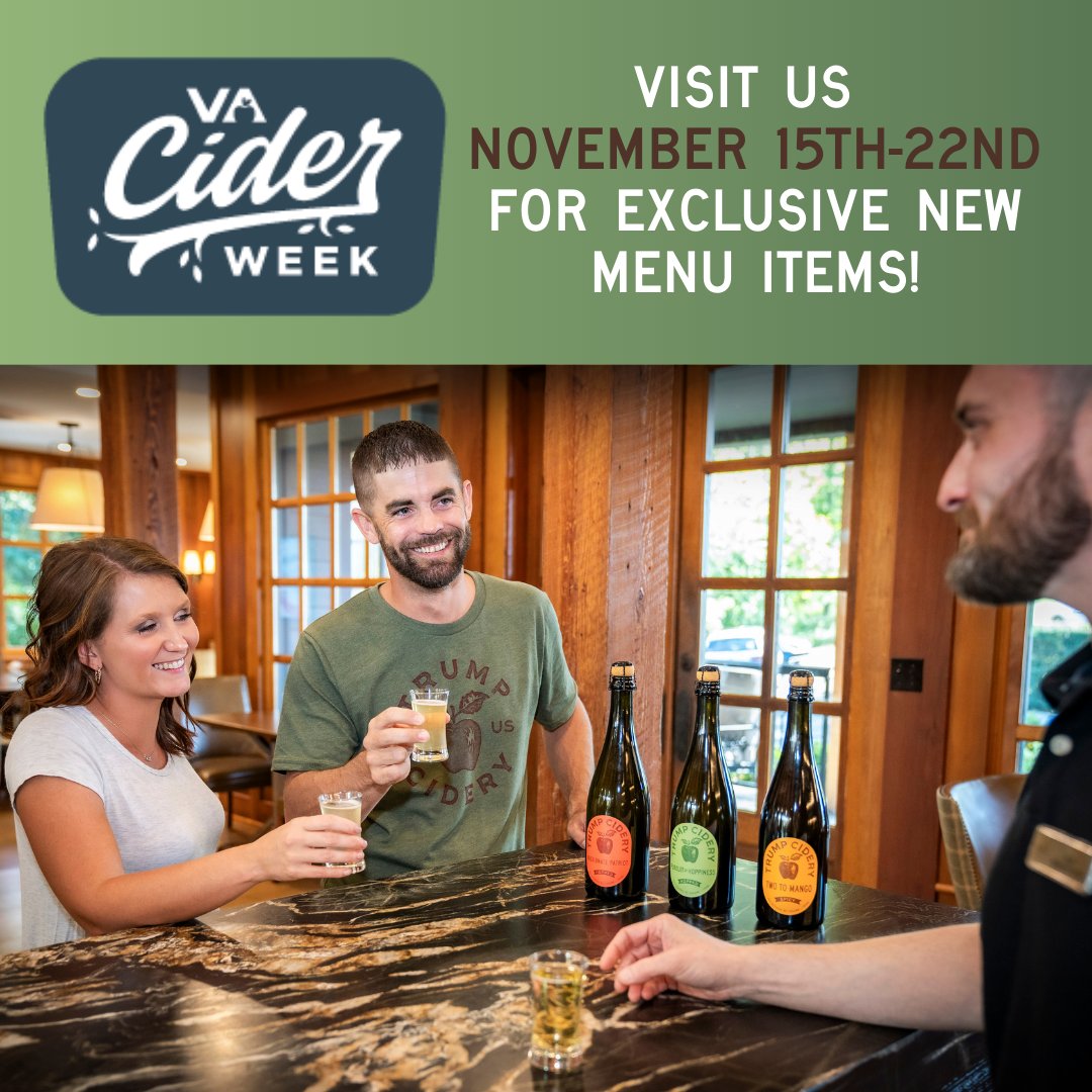 trumpcidery's tweet photo. Virginia Cider Week starts THIS FRIDAY, November 15th, at noon! ๐
Enjoy special menu items including a cider and slider pairing flight, exclusive cider cocktails, and more all week long, Nov. 15th-22nd.
#VaCiderWeek #VaCider #VaCiderAssociation #TrumpCidery #CiderWeek https://t.co/1QXKTob5HU