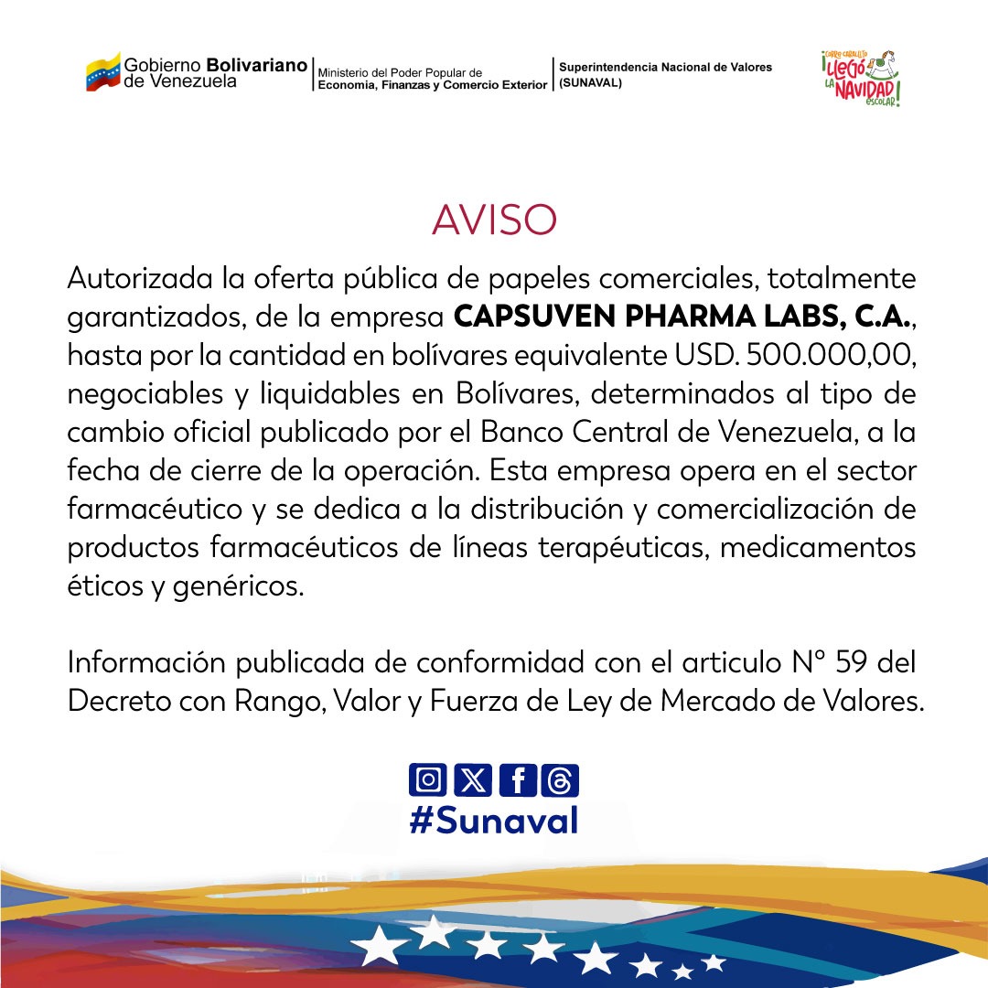Autorizada la #OfertaPublica de papeles comerciales a Capsuven Pharma Labs C.A.

Empresa que opera en el sector farmacéutico.

#Sunaval #MercadoDeValores #Economia #Inversion #Acciones #Produccion #RentaFija #RentaVariable #Finanza #Empresa #Comercializacion #Productos