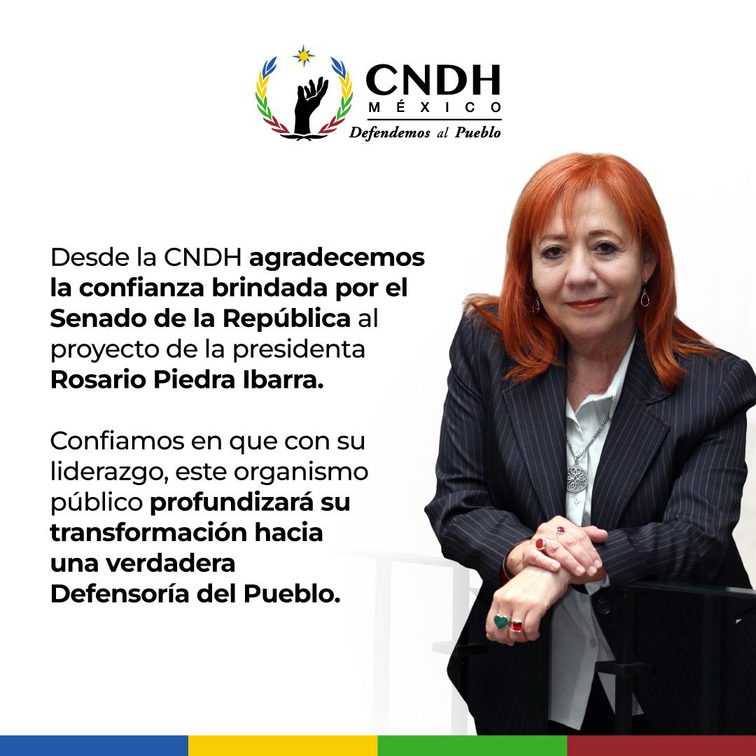 Con 87 votos a favor, el <a href="/senadomexicano/">Senado de México</a> ratifica a la Mtra. <a href="/RosarioPiedraIb/">Rosario Piedra Ibarra</a> al frente de la #CNDH. 

Los hechos y resultados hablan por sí solos, continuaremos transformando este Organismo en una verdadera Defensoría del Pueblo.

Hoy más que nunca, ¡#DefendemosAlPueblo!