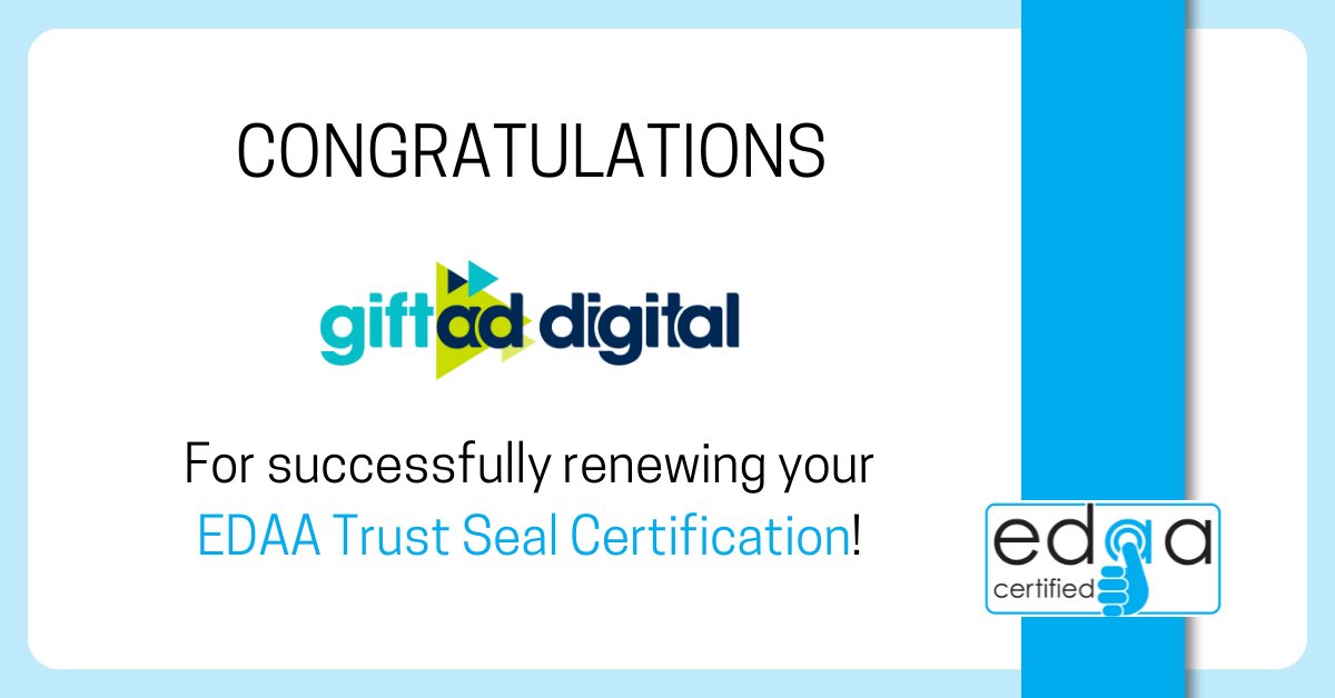 EDAA (@edaatweets) on Twitter photo ๐ Congratulations toย <a href="/GiftadDigital/">Giftad Digital</a>ย for being awarded the EDAA Trust Seal once again! Thank you ๐ for continuously prioritising industry standards in your approach to data-driven advertising! ๐ Congratulations toย <a href="/GiftadDigital/">Giftad Digital</a>ย for being awarded the EDAA Trust Seal once again! Thank you ๐ for continuously prioritising industry standards in your approach to data-driven advertising!