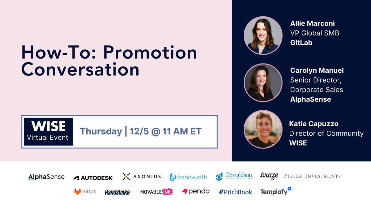 Join us for our next virtual event, How-To: Promotion Conversation on 12/5. 

Our panelists from <a href="/gitlab/">🦊 GitLab</a> &amp; <a href="/AlphaSenseInc/">AlphaSense</a> will share ways you can discuss strategies for approaching these conversations with your manager, and more. 

Save your free spot⬇️
crowdcast.io/c/promotion-co…