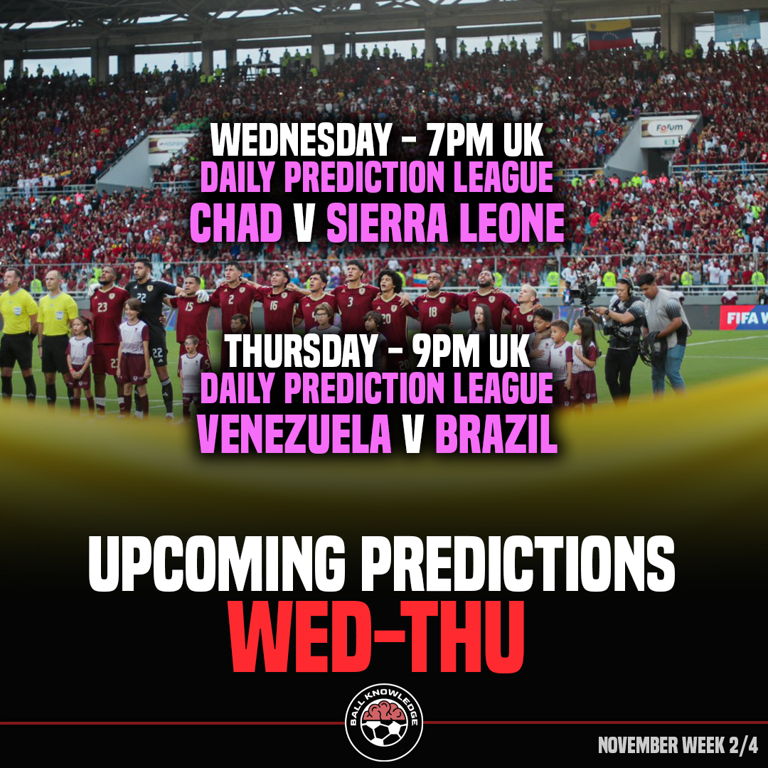 WED-THU MIDWEEK GAMES ✍🏽 📆

Entry Links 🔓
📆 Daily Prediction League + Cup (Everyday - Mon-Sun)
linktr.ee/Ball.Knowledge

- MASTER_COOL leads the Daily Prediction League
- Number 1 seed EYE_DJ knocked out in 1st round of the Daily Cup