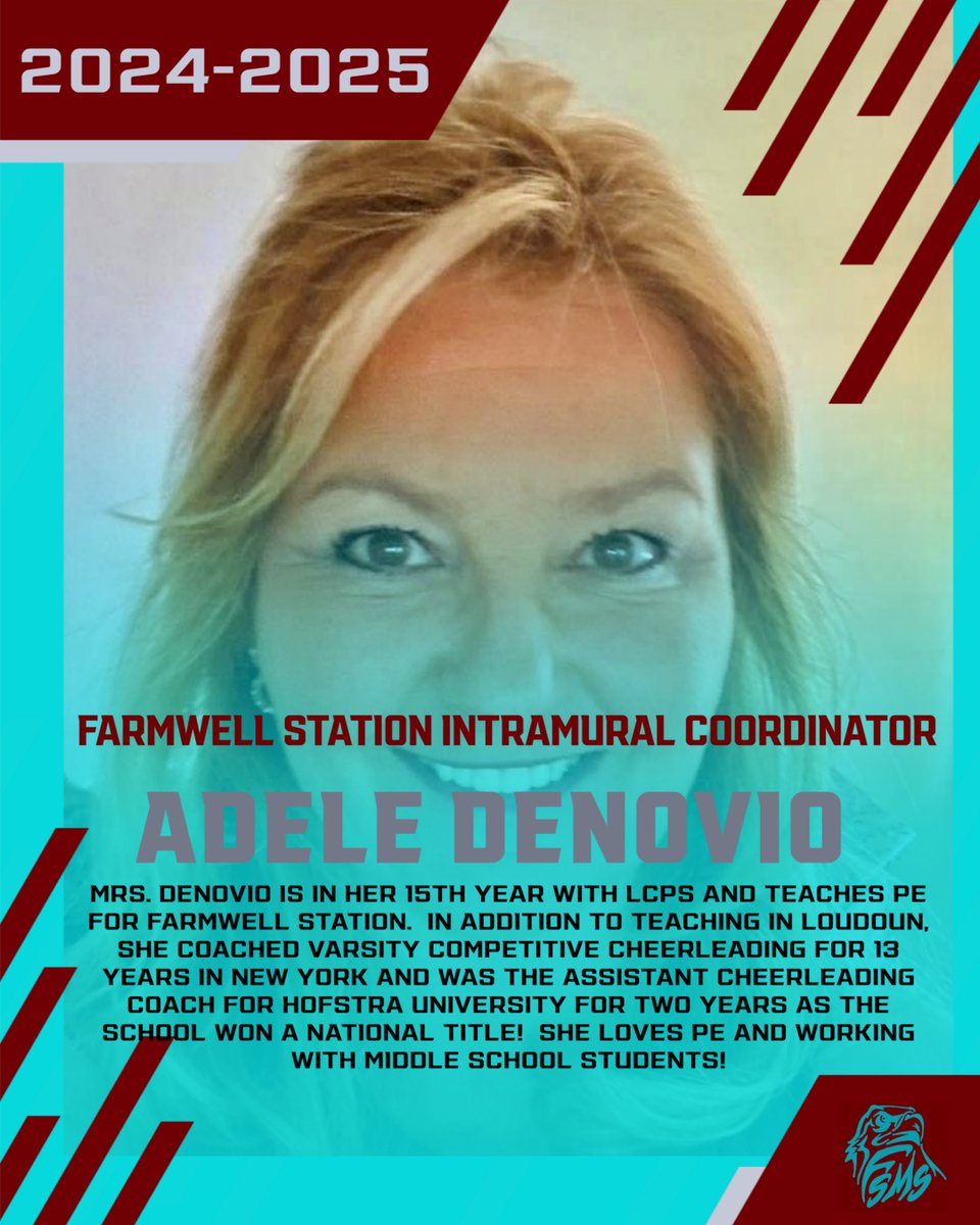 Today we put the spotlight on Mrs. Adele DeNovio.  Mrs. DeNovio has been teaching for LCPS and Farmwell Station for 15 years.  Prior to living in Virginia, she was a competitive cheerleading coach in NY at both the High School and college level!  Mrs. DeNovio loves teaching PE!