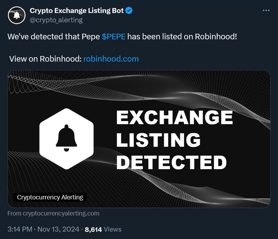 Plazma0x's tweet photo. $PEPE has been listed on @RobinhoodApp https://t.co/R2Rhm6qXim