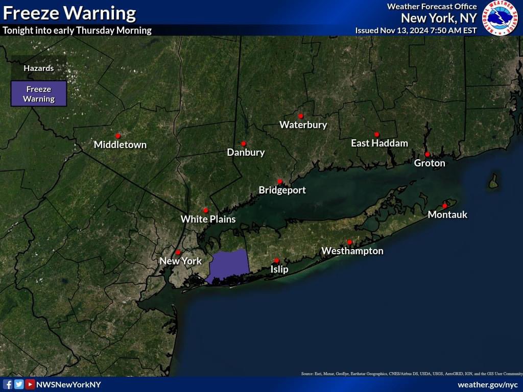 🥶...FREEZE WARNING IN EFFECT FROM MIDNIGHT TONIGHT TO 9 AM EST
THURSDAY...🥶

WHAT...Sub-freezing temperatures as low as 30 expected.
WHERE...Southern Nassau County.
WHEN... From midnight tonight to 9 AM
EST Thursday.
#islandwideweather #freezewarning