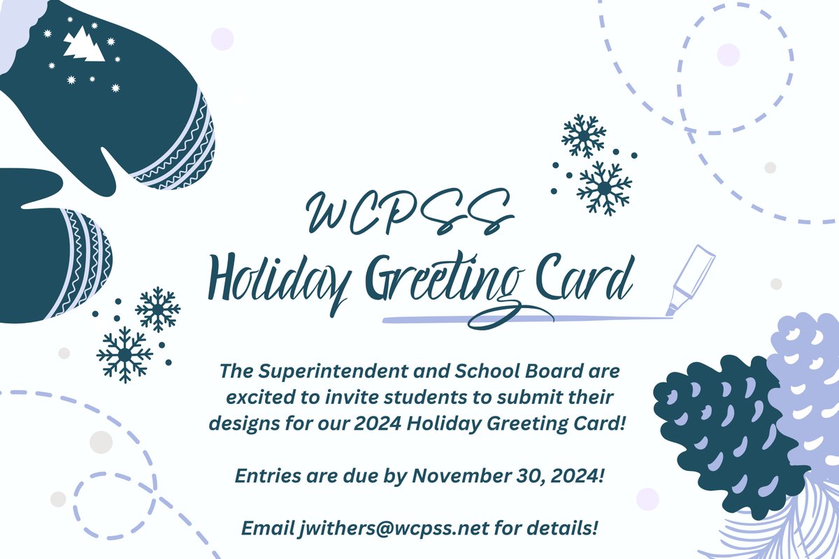 🎨Art With Withers🎨 (@artwithwithers) on Twitter photo The Superintendent and School Board are excited to invite students to submit their designs for the 2024 Holiday Greeting Card! Please email entries to jwithers@wcpss.net by Saturday, November 30th! <a href="/AFMSChargers/">Apex Friendship Middle School</a> <a href="/AFMSPTSA/">AFMS Chargers PTSA</a> The Superintendent and School Board are excited to invite students to submit their designs for the 2024 Holiday Greeting Card! Please email entries to jwithers@wcpss.net by Saturday, November 30th! <a href="/AFMSChargers/">Apex Friendship Middle School</a> <a href="/AFMSPTSA/">AFMS Chargers PTSA</a>
