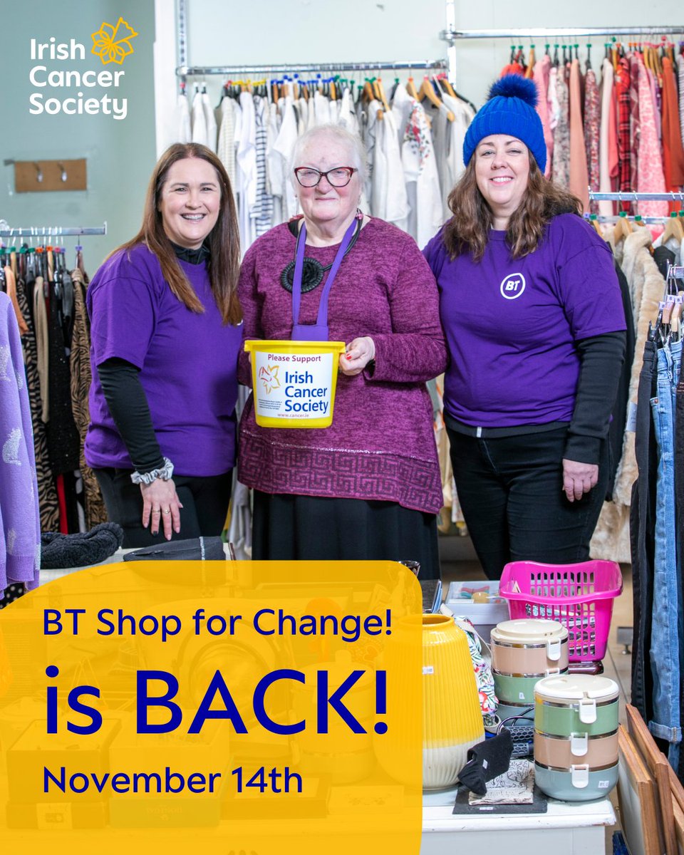 IrishCancerSoc's tweet photo. BT Ireland's annual Shop for Change event returns TOMORROW, November 14th!
BT Ireland employees will swap the office for our charity shops for a day full of fun and bargains! Keep an eye out on your local Irish Cancer Society charity shop and join in the fun this Thursday! 💛 https://t.co/b3fhxh6GJH