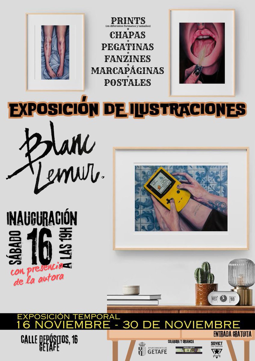 🖼¡Vuelven las ilustraciones al Soviet!

Nos visita la artista Blanc Lemur (<a href="/BlancLemur/">Blanc Lemur | JW Madrid NC🔥🍕👒</a>), con muchísimo material como láminas, chapas, pegatinas…

🗓Inauguración el sábado 16
🕖A las 19h
📍Soviet de Getafe (C/ Depósitos, 16)

🎨Esta exposición estará hasta el 30 de noviembre