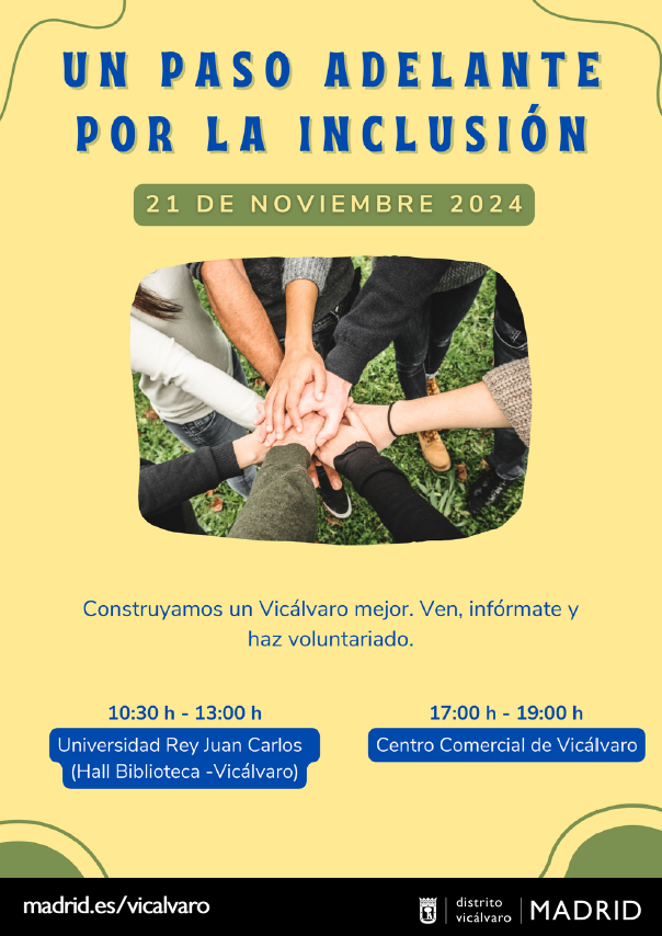 🐾Un paso adelante por la inclusión ¡Ven, infórmate y hazte voluntario!

🗓21 de noviembre
📍Universidad Rey Juan Carlos (10:30 h - 13:00 h)
📍Centro Comercial de Vicálvaro (17:00 h - 19:00 h)

🫂Construyamos juntos un #Vicalvaro mejor