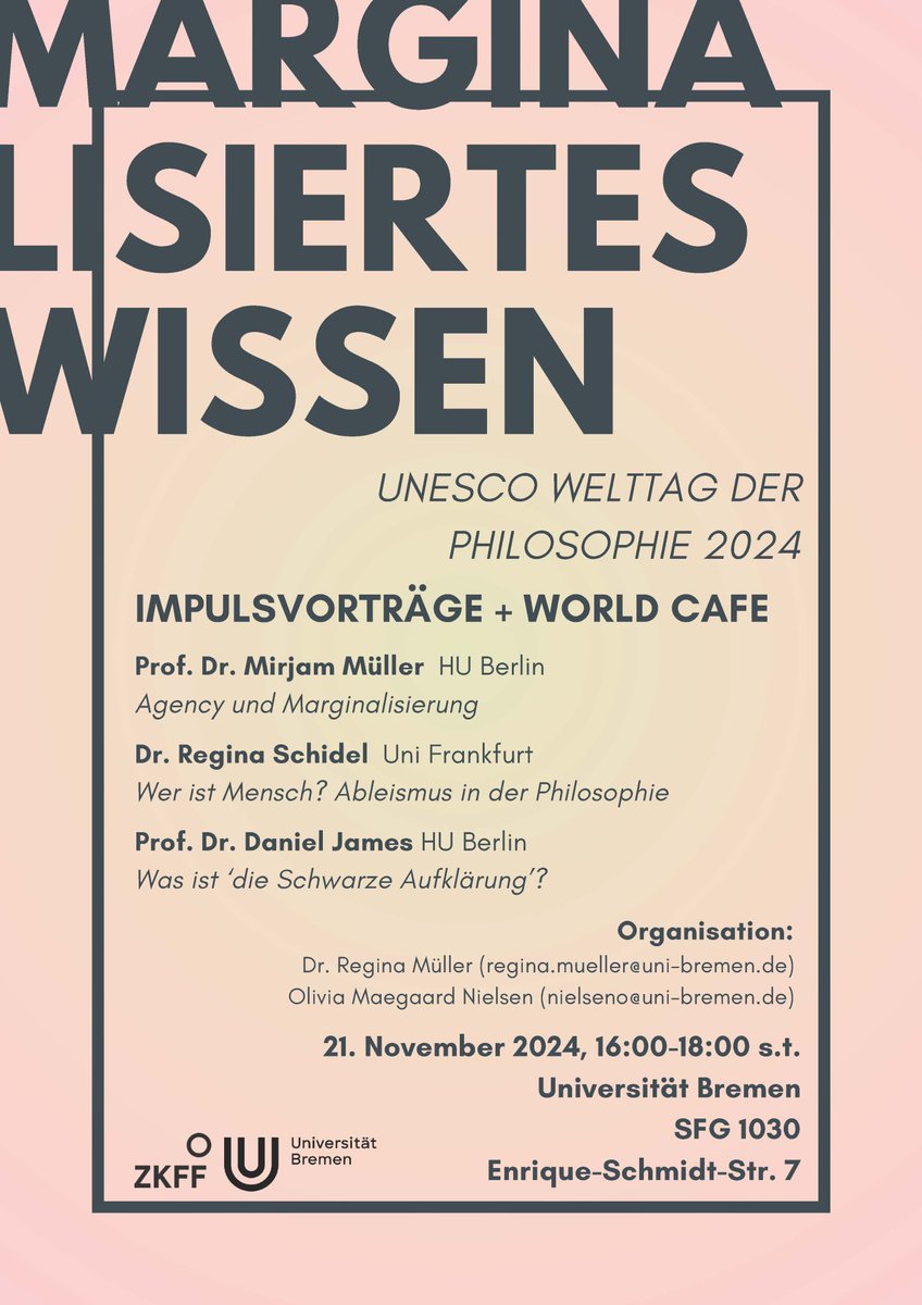 Dr. Regina Müller (@regina_mueller_) on Twitter photo Nächste Woche! Impulsvorträge von <a href="/mirjammue/">Mirjam Müller (she/her)</a>, @ReginaSchidel und @SchlawinerKreis zum Thema marginalisiertes Wissen, mit anschließender Diskussion, an der Uni Bremen. Wir freuen uns schon! <a href="/OMaegaard/">Olivia Maegaard Nielsen</a> Nächste Woche! Impulsvorträge von <a href="/mirjammue/">Mirjam Müller (she/her)</a>, @ReginaSchidel und @SchlawinerKreis zum Thema marginalisiertes Wissen, mit anschließender Diskussion, an der Uni Bremen. Wir freuen uns schon! <a href="/OMaegaard/">Olivia Maegaard Nielsen</a>