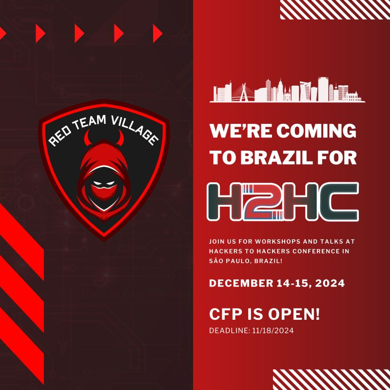 DanielDonda's tweet photo. Red Team Village 
se juntará a @h2hconference em dezembro no Brasil.

C4P está oficialmente aberta! 
https://t.co/nD33BeP6nq

#H2HConference https://t.co/ywgtlUKl4r