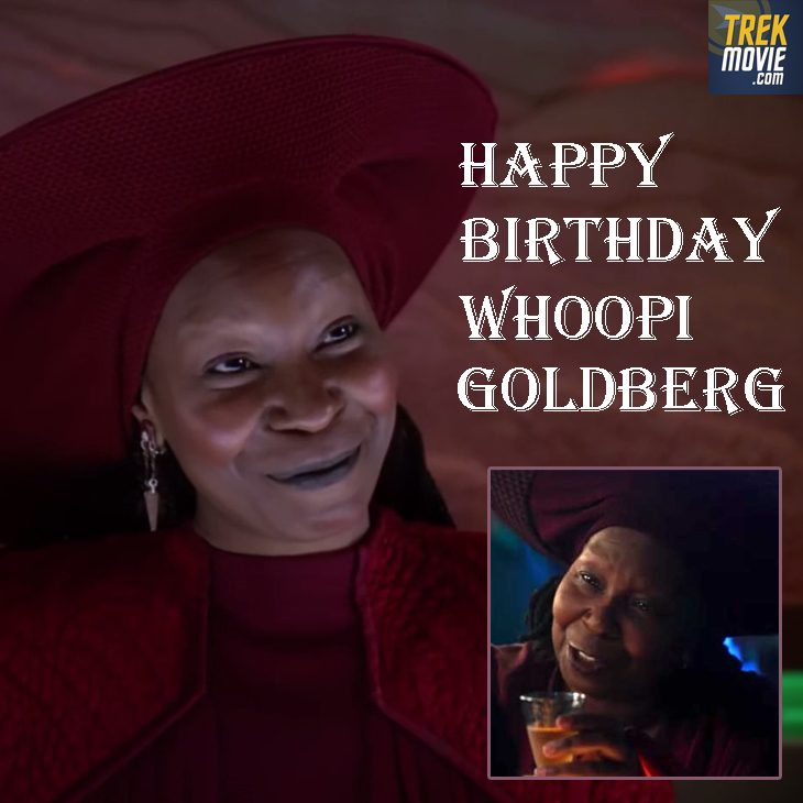 TrekMovie's tweet photo. Happy birthday to Whoopi Goldberg, who was Guinan on #StarTrekTNG, the Trek movies Generations and Nemesis, and #StarTrekPicard. She's an EGOT: She has an Emmy, a Grammy, an Oscar, and a Tony. 
#TheView #TheColorPurple #Ghost #SisterAct https://t.co/h6mMqoUczx