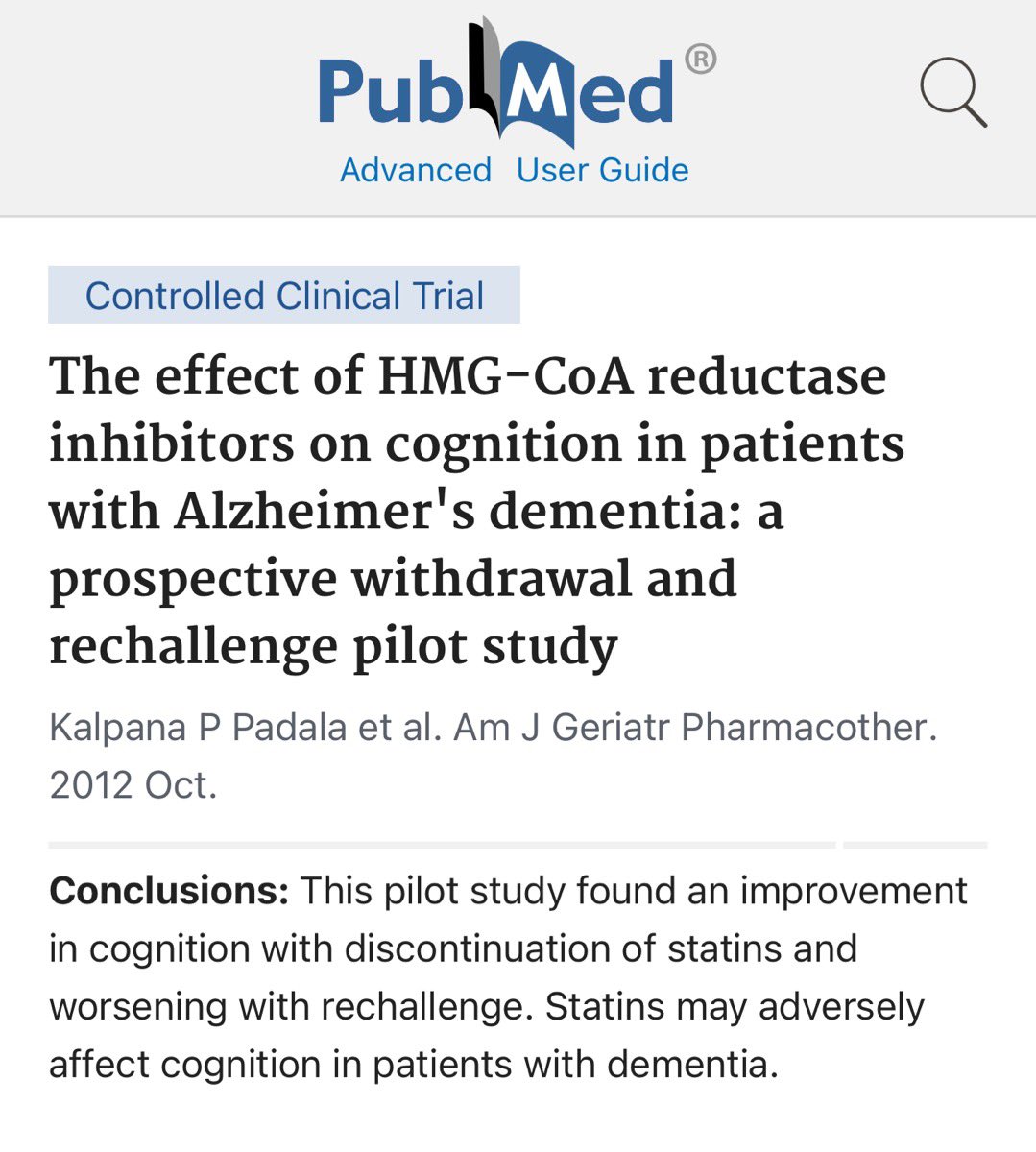 SBakerMD's tweet photo. Interesting study

Dementia got better when statins removed

Then got worse again when statins restarted https://t.co/mluQifOmF0
