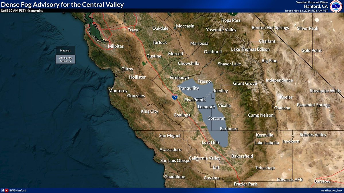 A Dense Fog Advisory is in effect for portions of Fresno, Kings, Tulare and Kern Valley across the San Joaquin Valley through 10 AM PST this morning.  Visibility will be as low as 100 to 400 feet in areas this morning.  Motorists should slow down and allow extra time. #CAwx