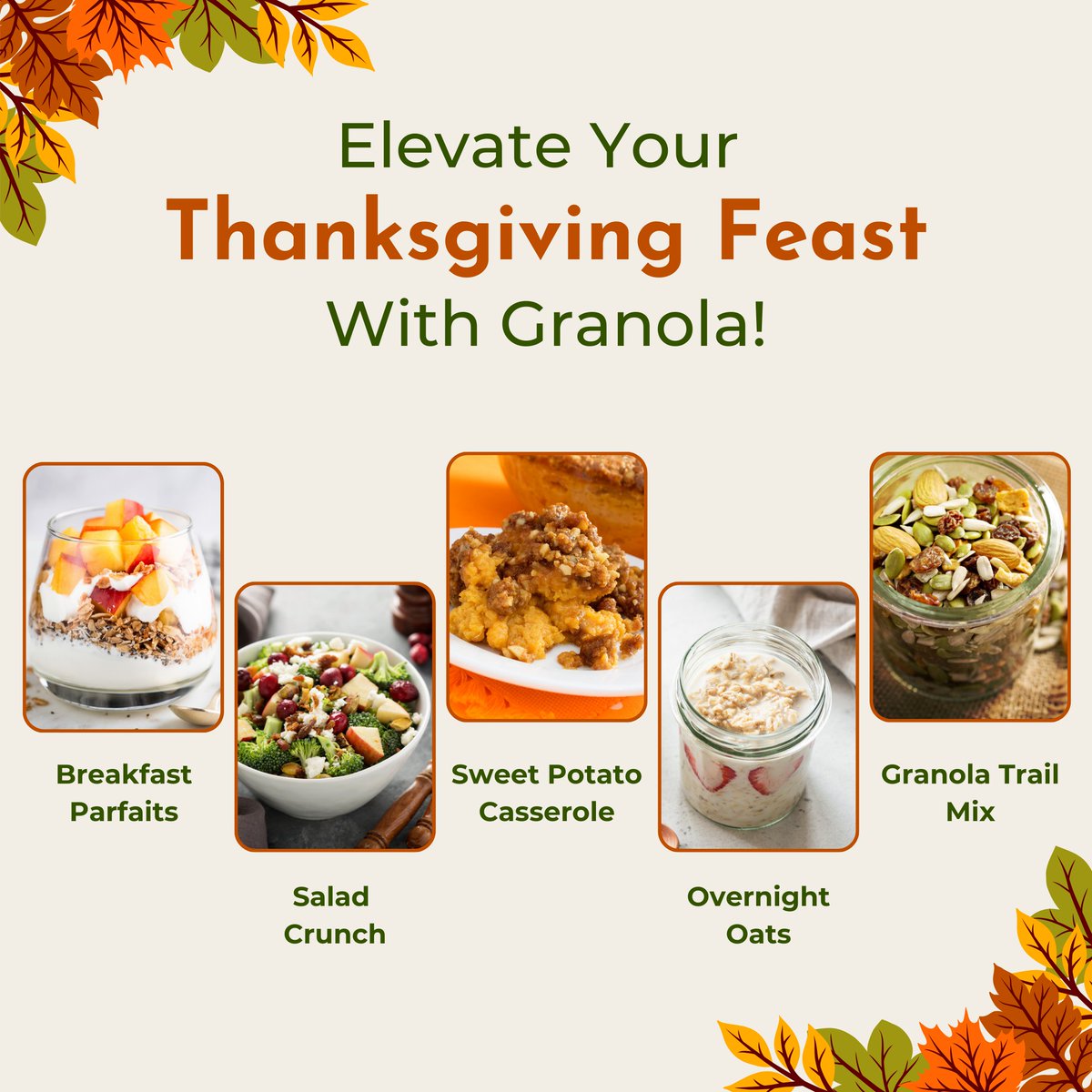 🍂🦃 Thanksgiving prep is in full swing, and we have some delicious ideas to make your feast even more memorable! Here are some creative ways to incorporate our granola into your Thanksgiving meals:

Get creative &amp; make your Thanksgiving feast a little sweeter with our granola!