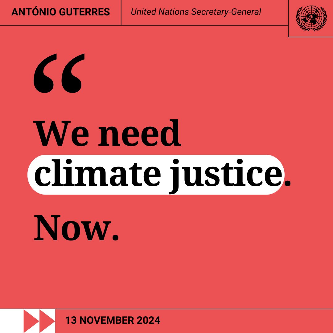 “The climate emergency is a story of avoidable injustice.

The rich cause the problem, the poor pay the highest price.”

At #COP29, <a href="/antonioguterres/">António Guterres</a>  calls for climate justice.

un.org/sg/en/content/…