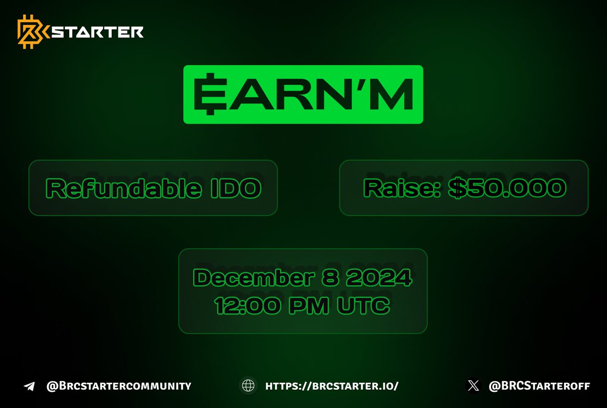 BRCStarteroff's tweet photo. BRCStarters,
We are excited to announce that @EARNMrewards #Refundable #IDO is coming on BRCStarter! 🔥
The date has been set for December 8 at 12:00 PM UTC
URL: https://t.co/cuzDOQ02yN
Registration is already open!
🏦 Total raise: $50,000
💲 Price per token: 0.01
🔗 Token Distribution: Base
✔️ Vesting: 15% TGE, 2 months cliff, 7 months daily linear
🔒 Refundable: Yes, for 24 Hours
EARN'M is transforming the world’s online activity into rewards.
Achievements
🔹 5% of the total Polygon volume with 75k+ unique daily active wallets, 20M+ assets minted and $3M+ in network fees collected
🔹 #1 team ranked by Deloitte as fastest-growing company in North America 2023 with a 32,481% growth rate, achieving incredible results such as $65M+ generated in Web2 revenue
🔹 45M+ Web2 and 10M+ Web3 users onboarded
🔹 $350M earned and saved by users
🔹 2.3M 5-star reviews on the Google Play Store
To Learn more:
Website: https://t.co/dP0yVU1WtW
SmartNodes: https://t.co/lR2kEx6oMN
X: https://t.co/uX1yUMG3Ze
#BRCStarter #EARNM $EARNM #SmartNodes