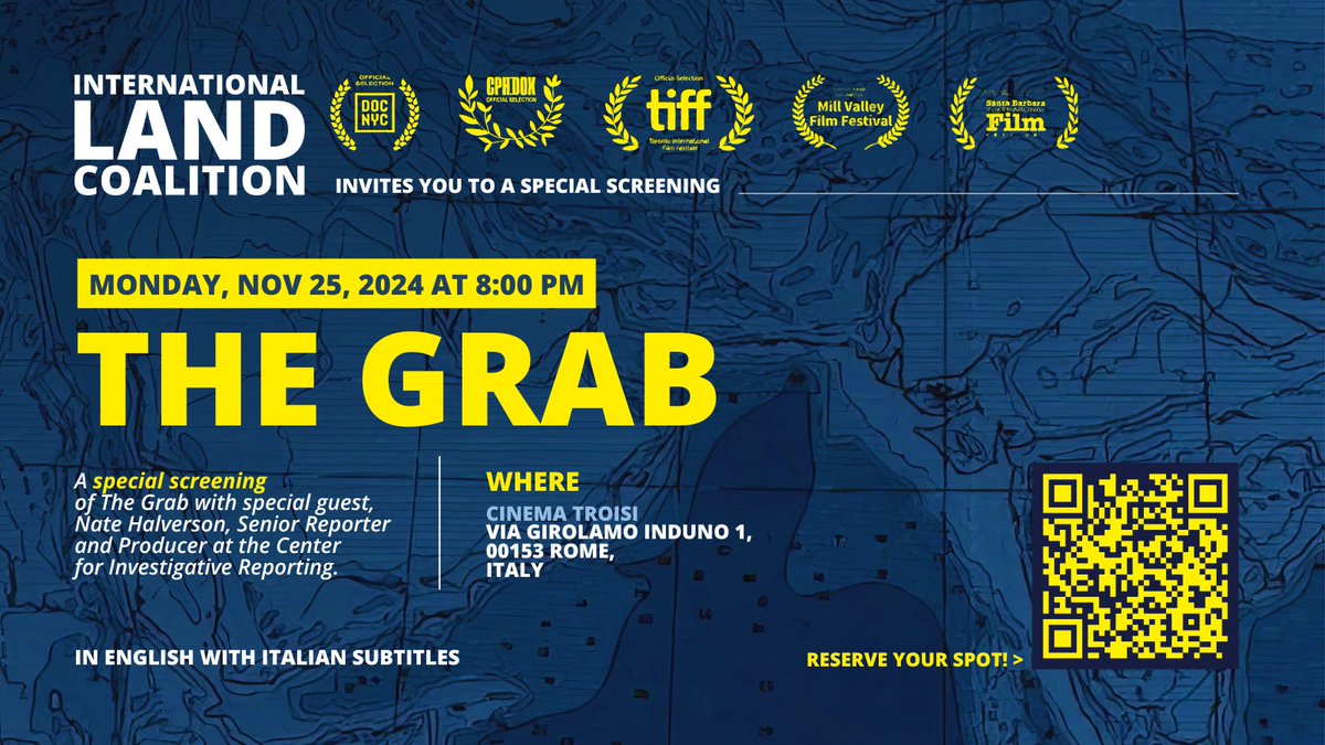 🎬 Don’t miss The Grab! Join us for a FREE screening of this gripping documentary with journalist Nate Halverson.🌍

This is a thriller you need to see.
📅 25 Nov 📍 Rome
 🎟️: bit.ly/3YO22GO
#Documentary #Sustainability #RomeEvents