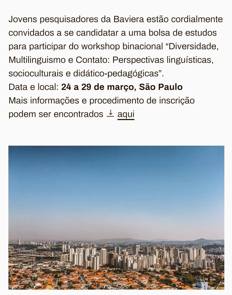 JoachimSteffen's tweet photo. Stipendien für binationalen Workshop in São Paulo/Augsburg:

https://t.co/Wr5Zmw0GJ1

@BAYLAT_BAVIERA https://t.co/N5ta3Avty0