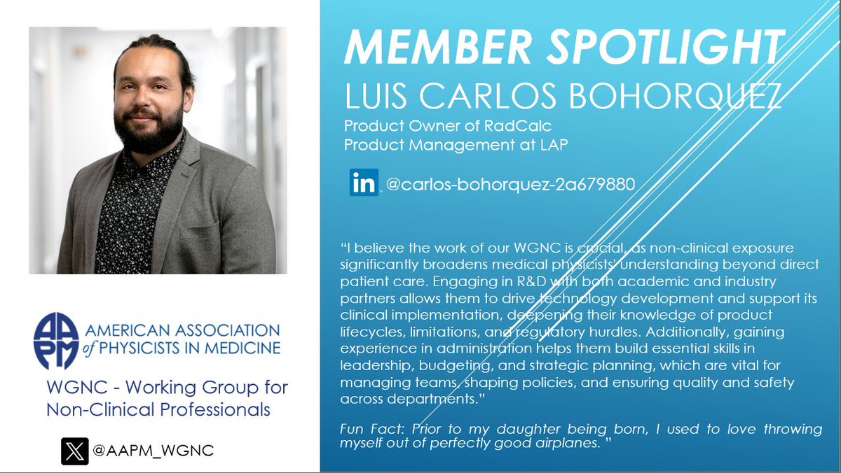 AAPM_WGNC (@aapm_wgnc) on Twitter photo #MedPhysSpotlight Alert!!
Meet Carlos Bohorquez from LAP and an active member of the <a href="/aapmHQ/">American Association of Physicists in Medicine</a> Working Group for Non-Clinical Professionals. He believes our work is crucial, as non-clinical exposure significantly broadens #medphys' understanding beyond direct patient care. #MedPhysSpotlight Alert!!
Meet Carlos Bohorquez from LAP and an active member of the <a href="/aapmHQ/">American Association of Physicists in Medicine</a> Working Group for Non-Clinical Professionals. He believes our work is crucial, as non-clinical exposure significantly broadens #medphys' understanding beyond direct patient care.