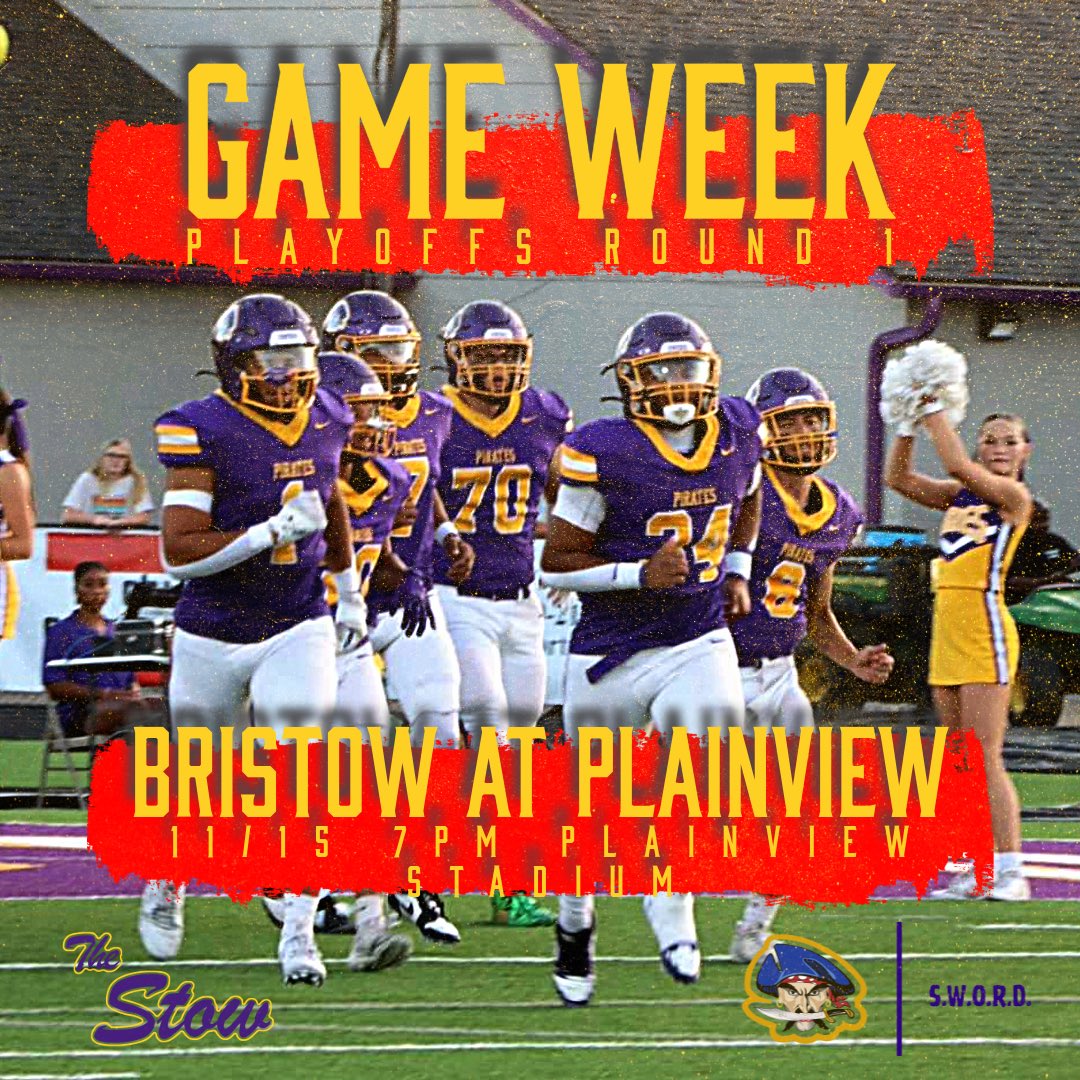 BristowPPFB's tweet photo. 1st Round of the Playoffs start this Friday! Pack the stands and come support your Purple Pirates when we travel to Plainview for this playoff showdown!
π: 11/15
β° : 7:00pm
π: Planview Stadium
ποΈ: https://t.co/AgdylYjAas
#ForgetheSWORD #ToilandRaid https://t.co/WdCB2mYtE9