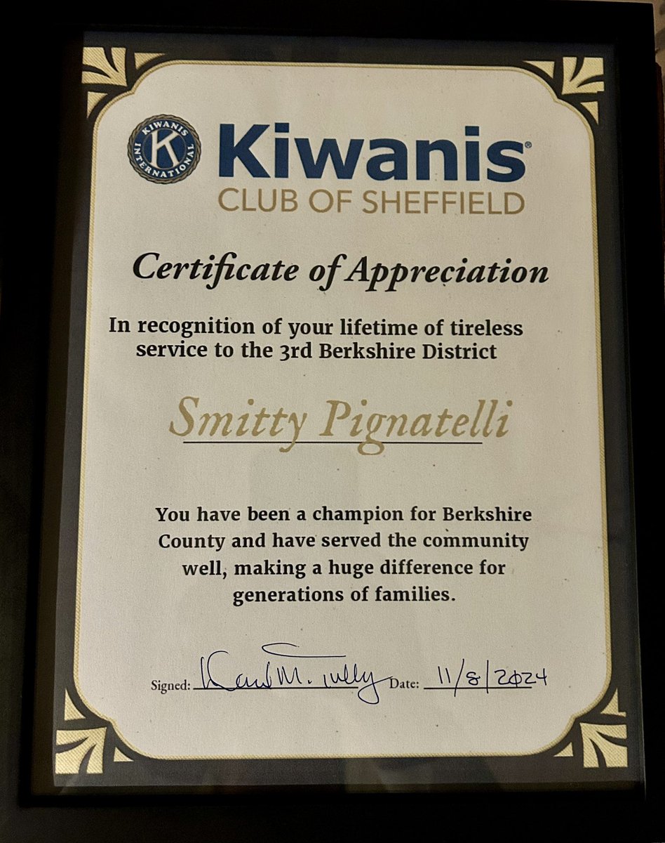 repsmitty34's tweet photo. Thank you to the Sheffield @Kiwanis Club for the surprise recognition at your annual installation dinner along with the Lee &amp; Pittsfield Clubs. Great people doing great things  to keep the Berkshires of #BESTernmass special. #BeBerkshire https://t.co/68VudYkMpn