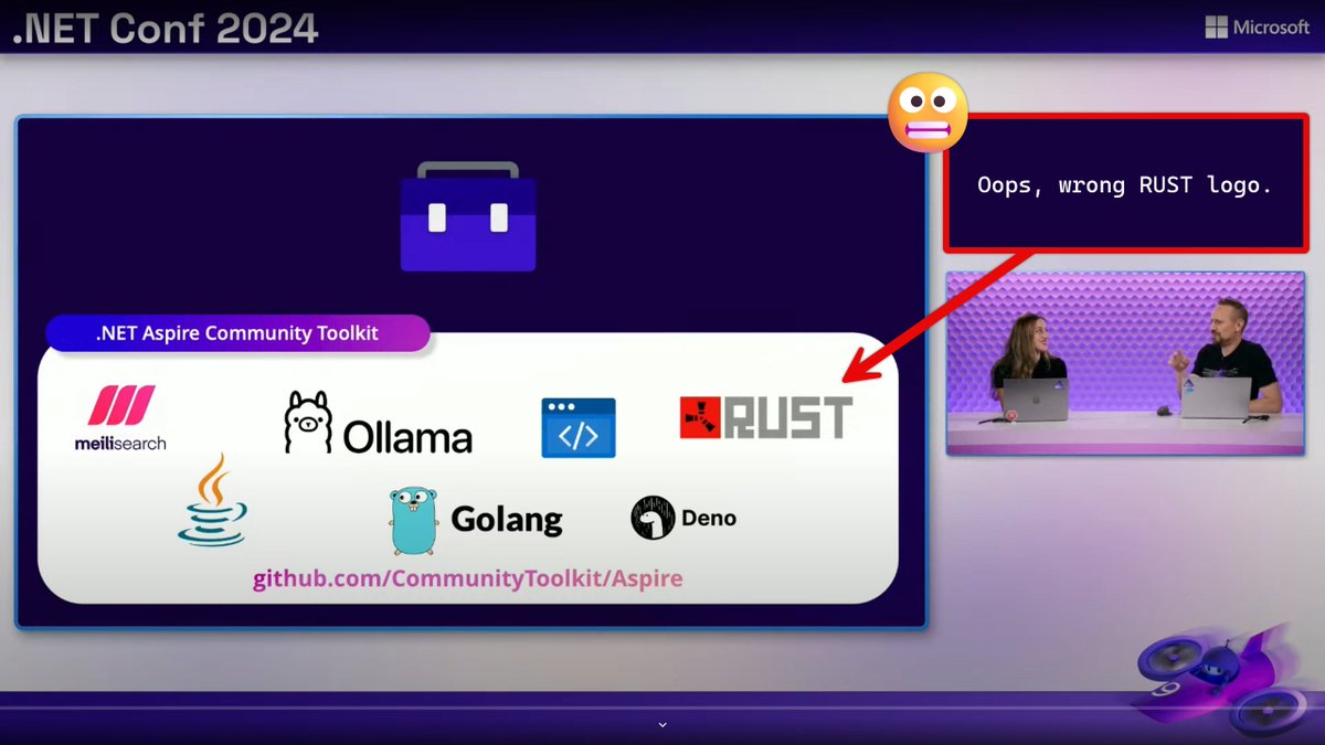 davidpine7's tweet photo. π€£ Not a lot of people noticed the wrong logo being used during the .NET Aspire presentation. It was intended to be the @rustlang, not @playrust logo. But it's so easy to do these things in #dotnet #aspire that Brady made it so! #containerizeallthethings
https://t.co/qR8uMxJZed https://t.co/g4cxNSHYCR