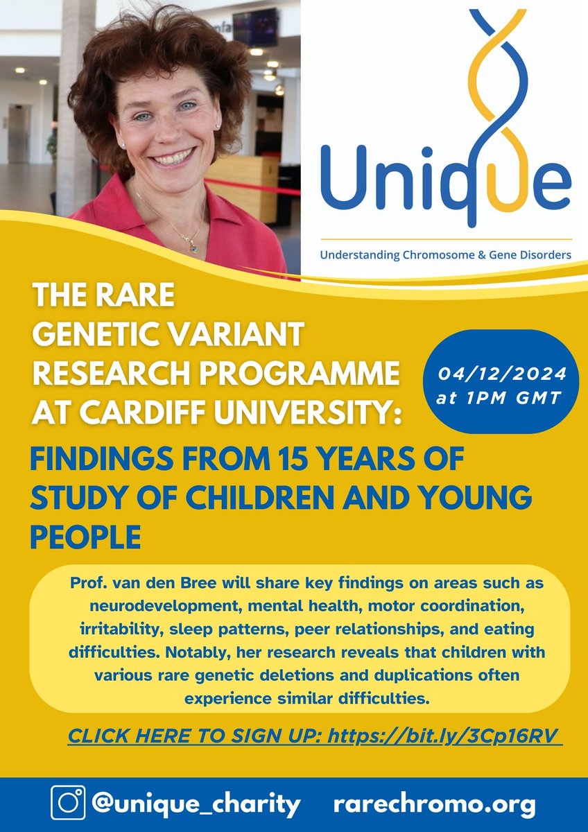 💡 Exciting News! 💡

Professor Marianne van den Bree will be presenting at a webinar hosted by  @unique_charity, sharing findings from her work leading the Rare Genetic Variant Research Programme here at Cardiff University. 

Register to join: bit.ly/3Cp16RV