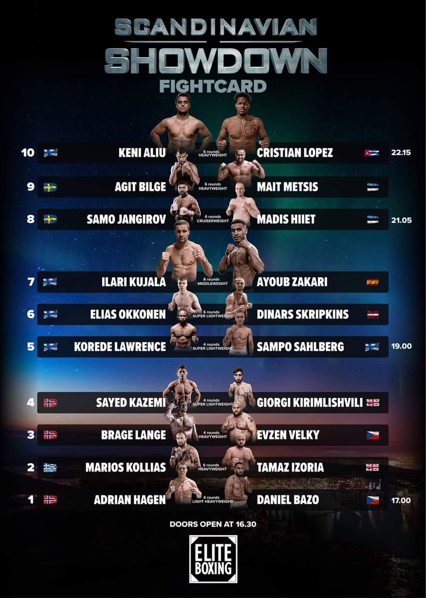 h_hkan's tweet photo. Updated fight card for Scandinavian Showdown in Espoo,Finland on saturday with Marios Kollias (11-3-1) added to the card on short notice ๐ฅ๐ฅ #EliteBoxing @LammiMarkus #ScandinavianShowdown #Boxing https://t.co/0GvgCHeNsA