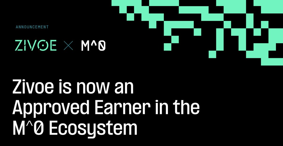 m0's tweet photo. @ZivoeProtocol, a RWA protocol, has joined the M^0 ecosystem as an Earner. 

By holding $M as a reserve within its DAO, Zivoe aims to enhance returns across its tranches and will also denominate corporate and consumer debt in $M, further expanding $M's use cases. https://t.co/4HVM0ZaIol
