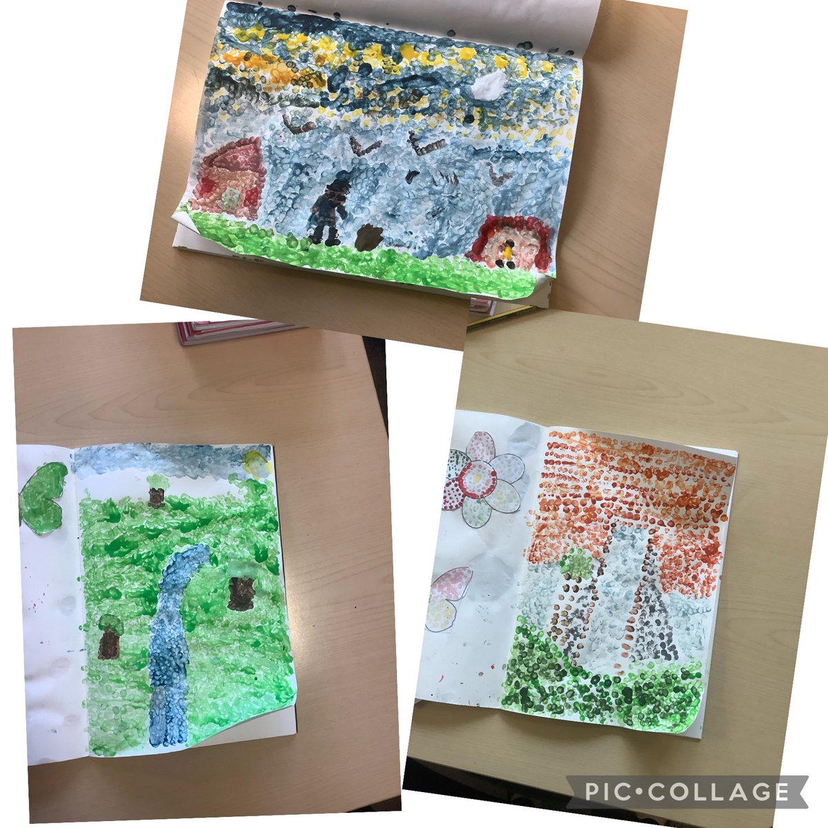 5J_stjohns's tweet photo. Look at our wonderful pointillism skills. We created these landscape painting in the style of Paul Signac. 🎨🖼 https://t.co/CgX4lHqAuv